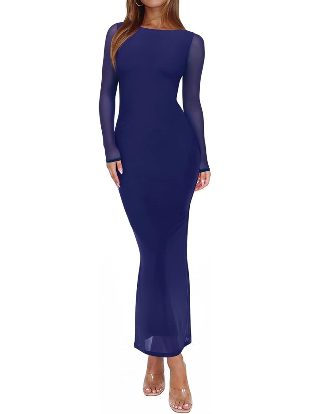Women's Blue Long Sleeve Sexy Floral Bodycon Wedding Guest Maxi Long Dresses